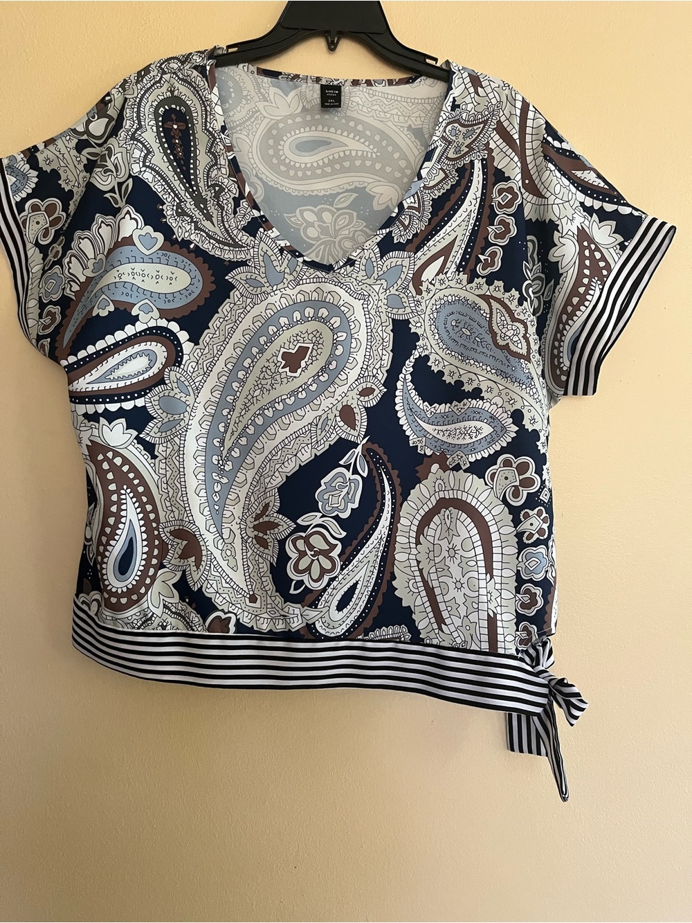 Shein Curve Plus Size Paisley Striped Hem Side Tie Blouse 2X